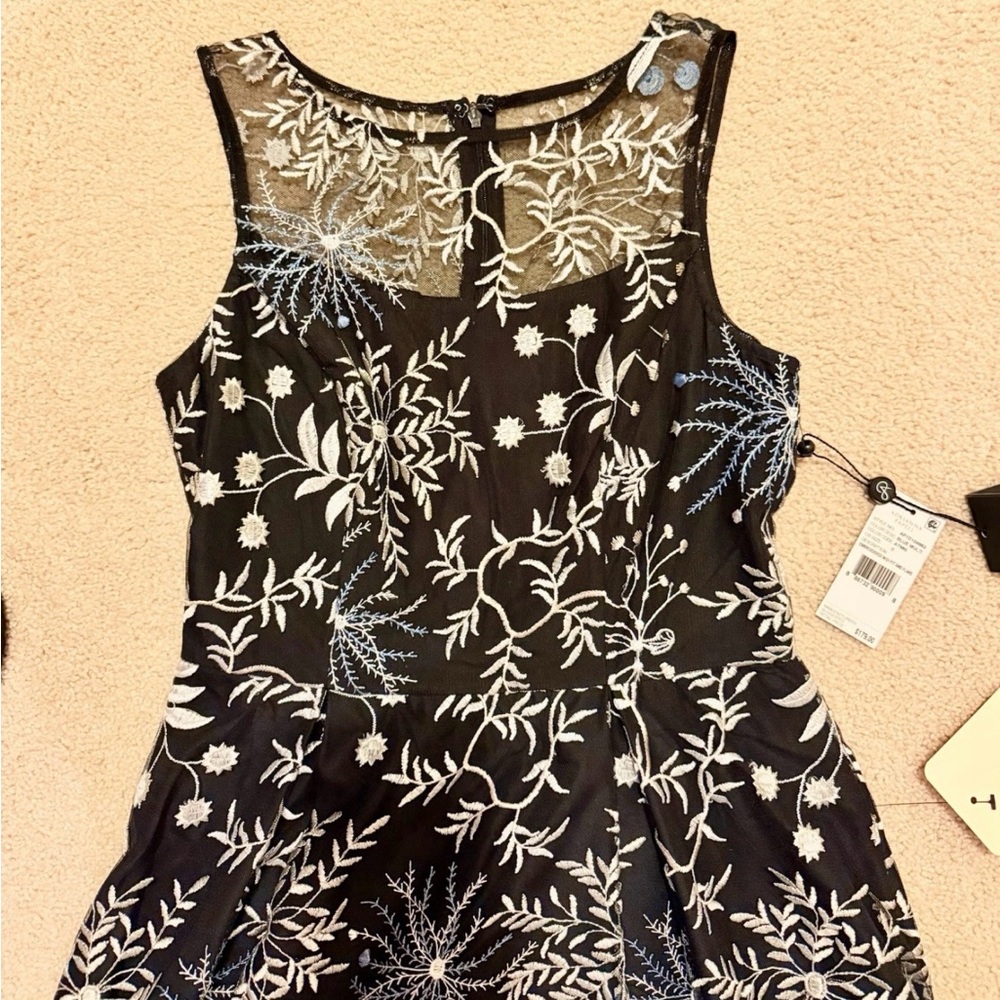 Adrianna Papell Women Black Blue Embroidered Lace Fit Flare Midi Dress Size 0 - Picture 11 of 16